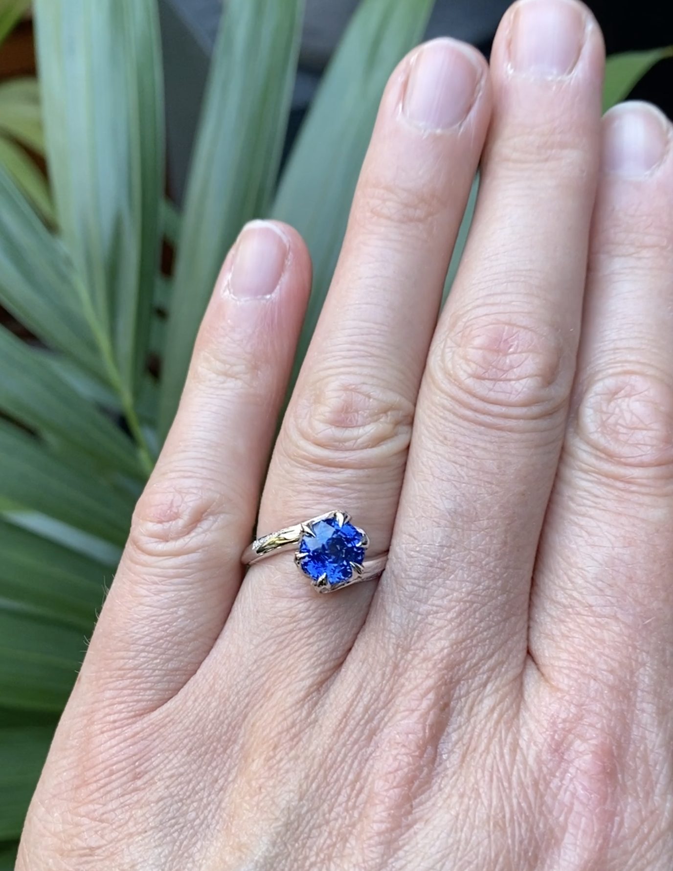 18K white gold Lily Pad ring showcasing a stunning 3.01 ct cornflower blue sapphire and sparkling white diamonds, ideal for unique engagement and anniversary celebrations