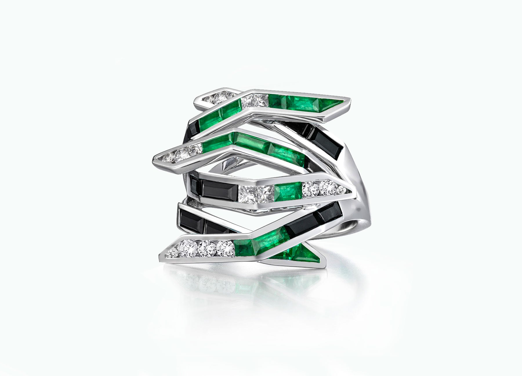 Emerald Diamond and Black Spinel Bombay Contemporary Ring by Tomasz Donocik Front View