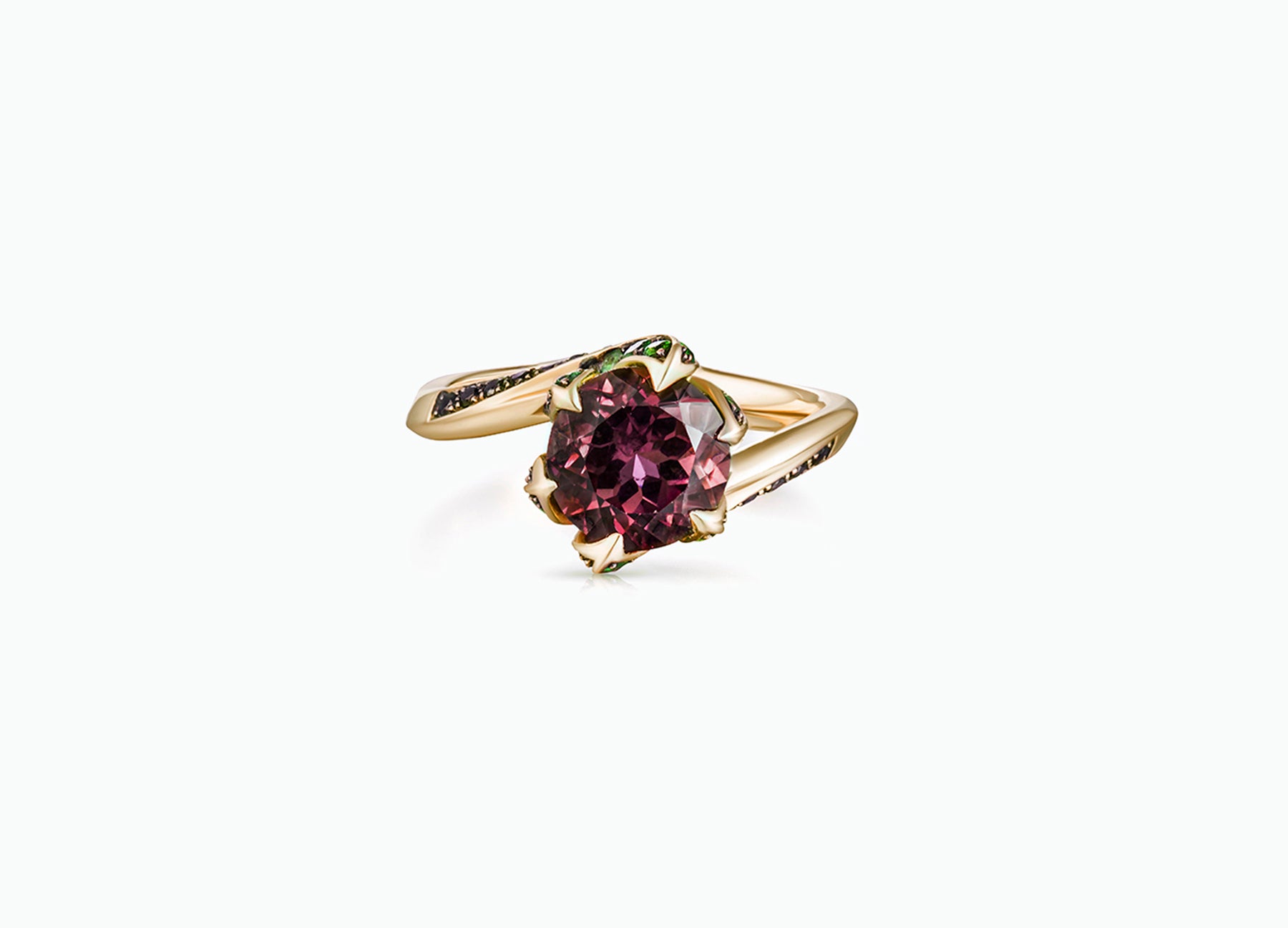 Lily Pad engagement ring in 18K yellow gold set with a rubellite tourmaline centre stone front view