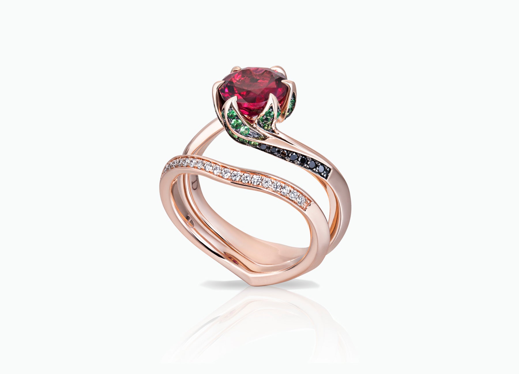 Lily Pad Bridal Set Rings in 18K Rose Gold Inspired By Beauty And The Beast Enchanted Rose - Side View