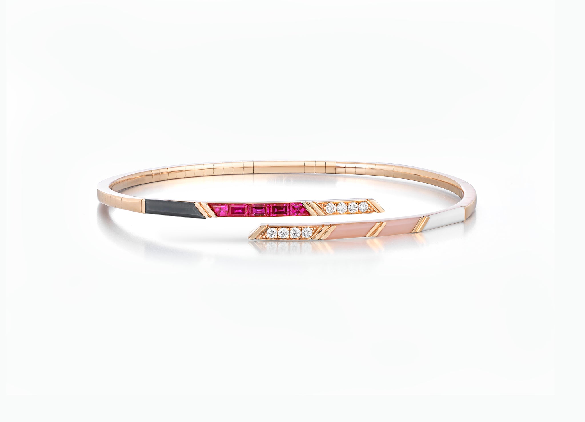 Ruby diamond and pink opal bangle in 18K rose gold by Tomasz Donocik front view