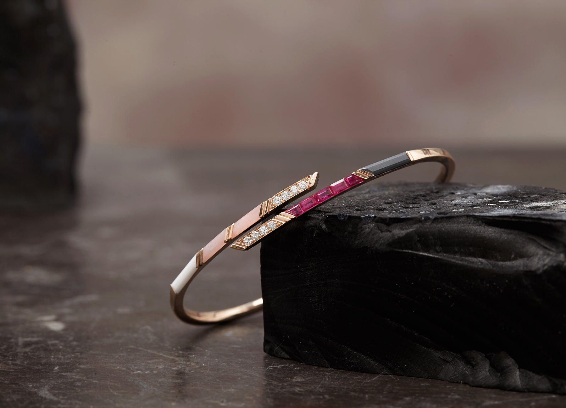 Ruby diamond and pink opal bangle in 18K rose gold by Tomasz Donocik in workshop