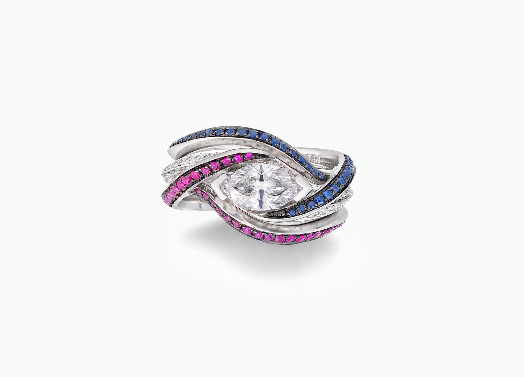 Twist diamond and sapphire bridal ring set with GIA marquise-cut centre diamond and bands featuring rubies and blue sapphires