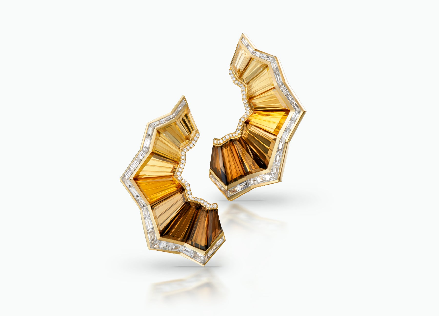 Kaleidoscope Pleat Earrings crafted in 18k yellow Gold and set with smoky Quartz, Citrine, yellow Topaz, clear Crystal, white Sapphires and white Diamonds.