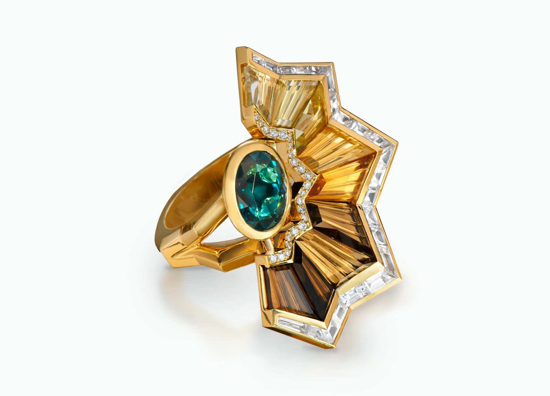 Kaleidoscope Ring crafted in 18k yellow Gold with central green Tourmaline surrounded by smoky Quartz, Citrine, yellow Topaz, clear Crystal, white Sapphires and white Diamonds.