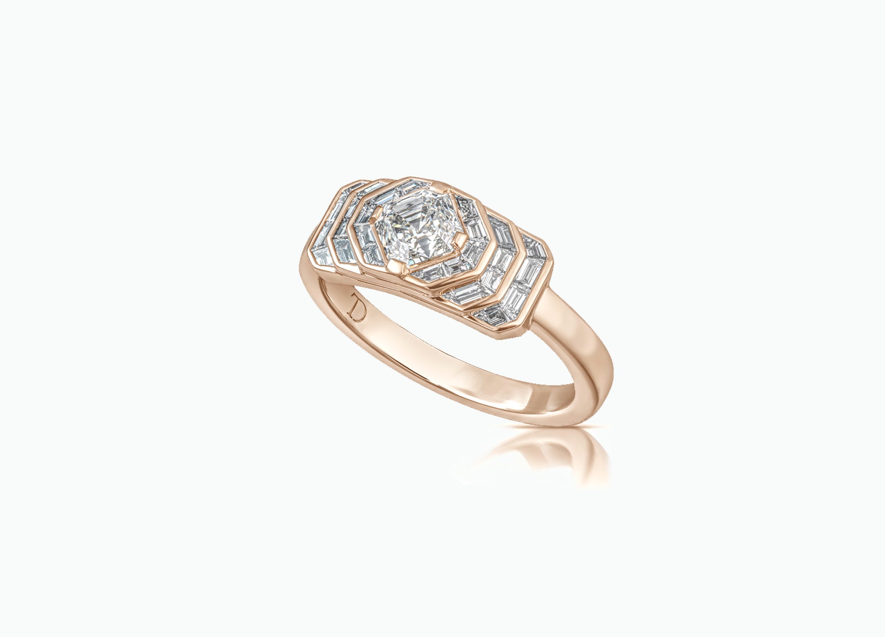 Elegant Palace Deco diamond engagement ring in gold, showcasing a stunning design with exquisite baguette and round-cut diamonds