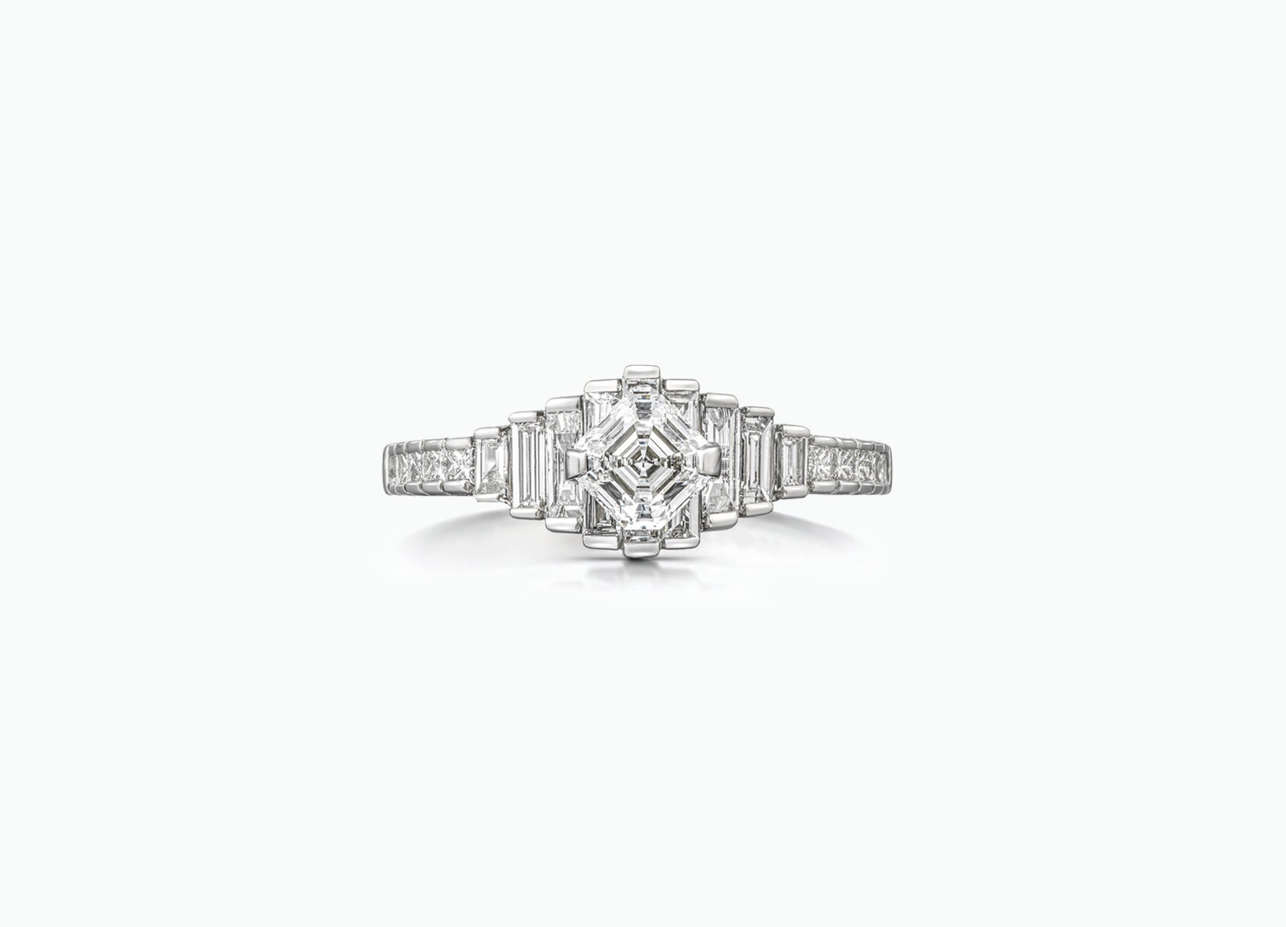 Diadem diamond engagement ring with an Asscher cut centre diamond by Tomasz Donocik Front View