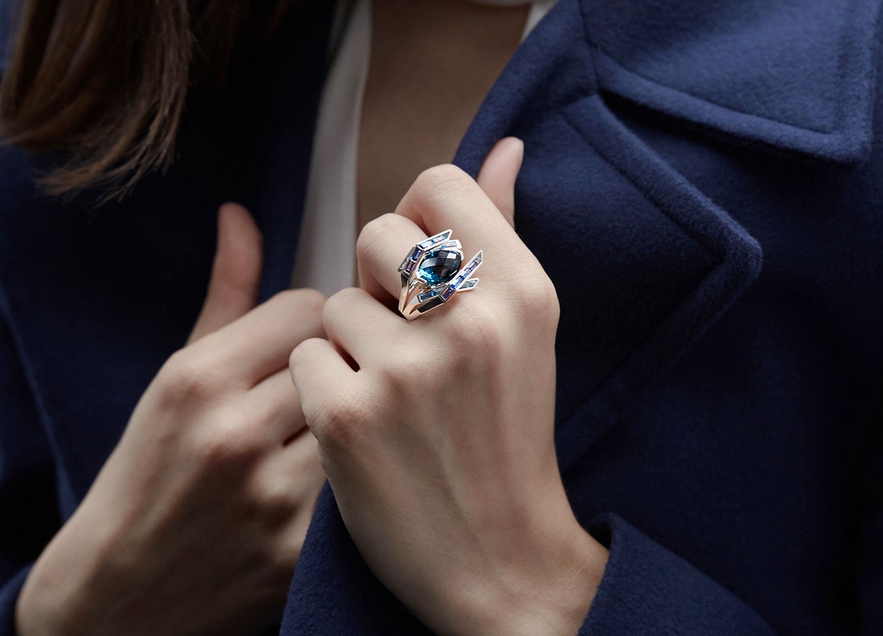 Blue Topaz Cocktail Ring in 18K white Gold worn on hand Fine Jewellery by Tomasz Donocik