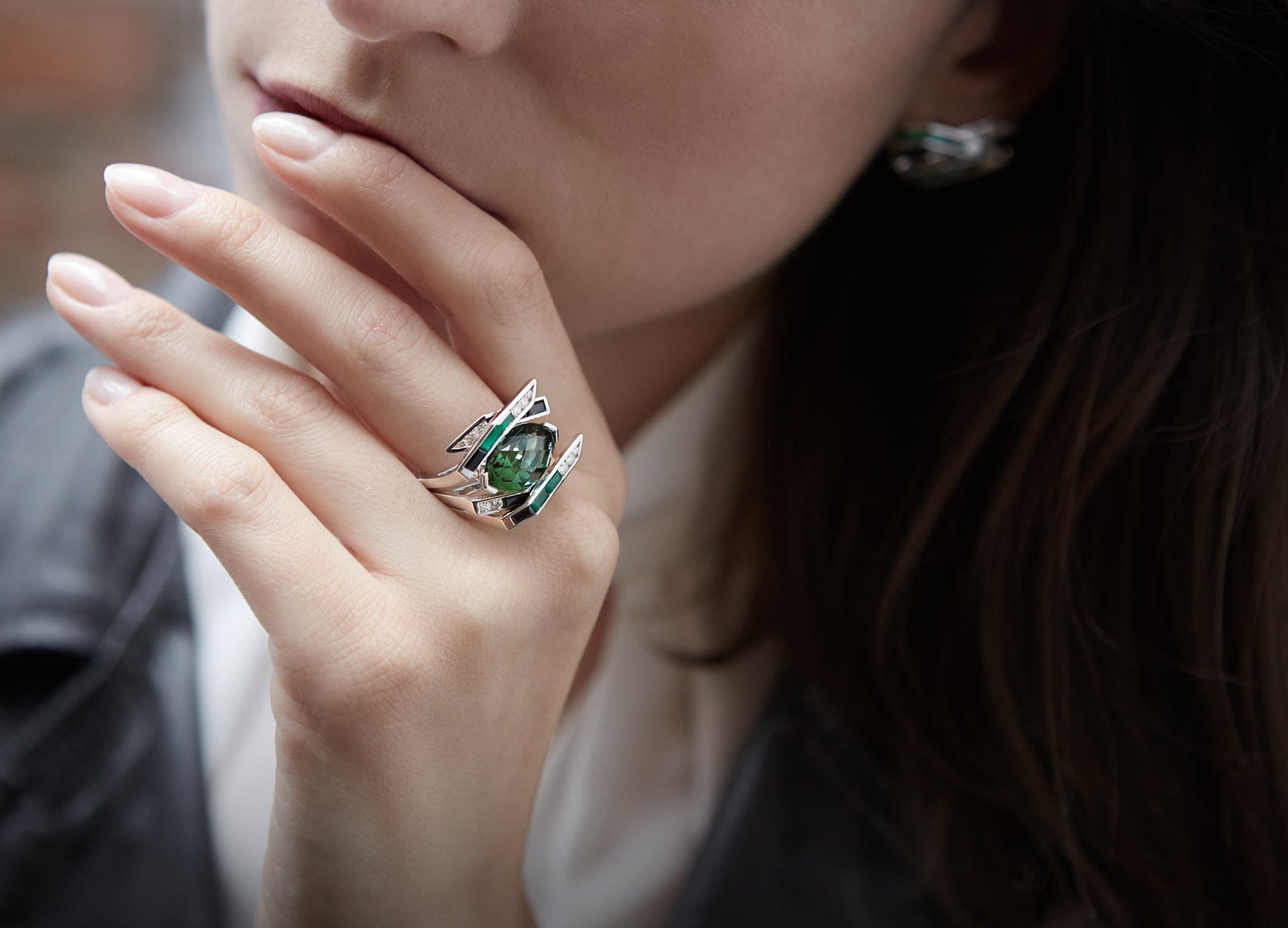 Three Stone Emerald & Diamond Cocktail Ring in 18k White Gold - Filigree  Jewelers