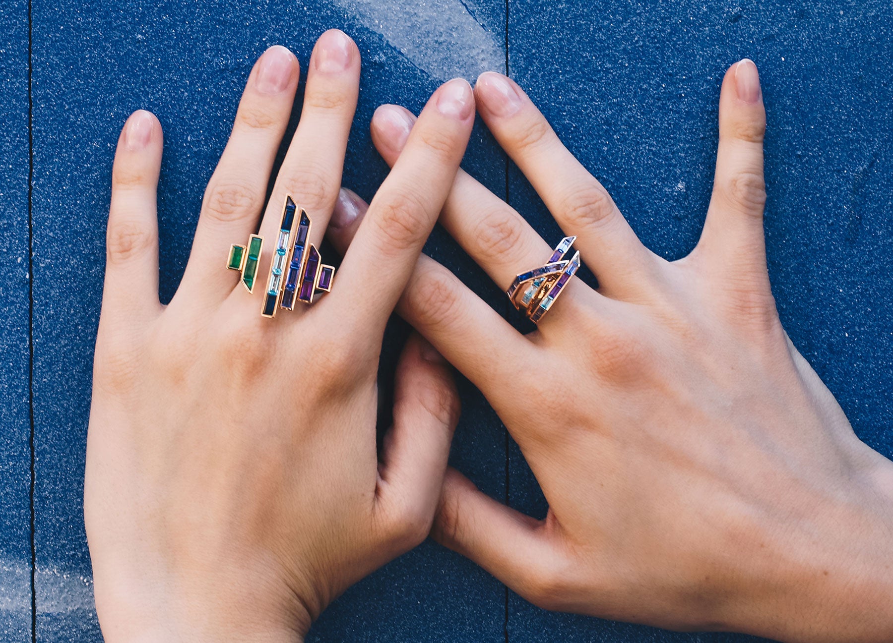 Blade runner rainbow ring in 18K rose gold by Tomasz Donocik worn view 4