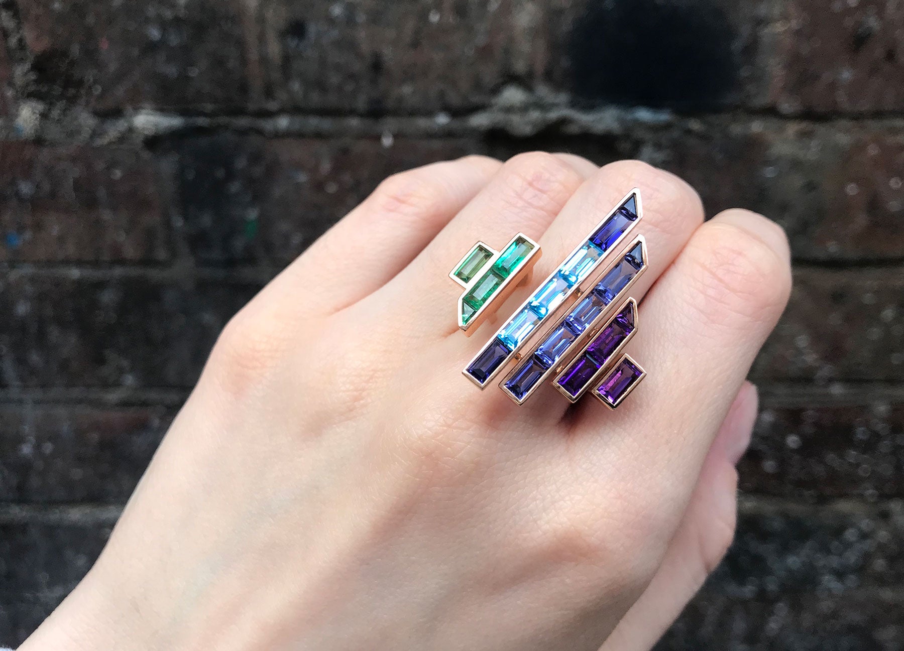 Blade runner rainbow ring in 18K rose gold by Tomasz Donocik worn view 2