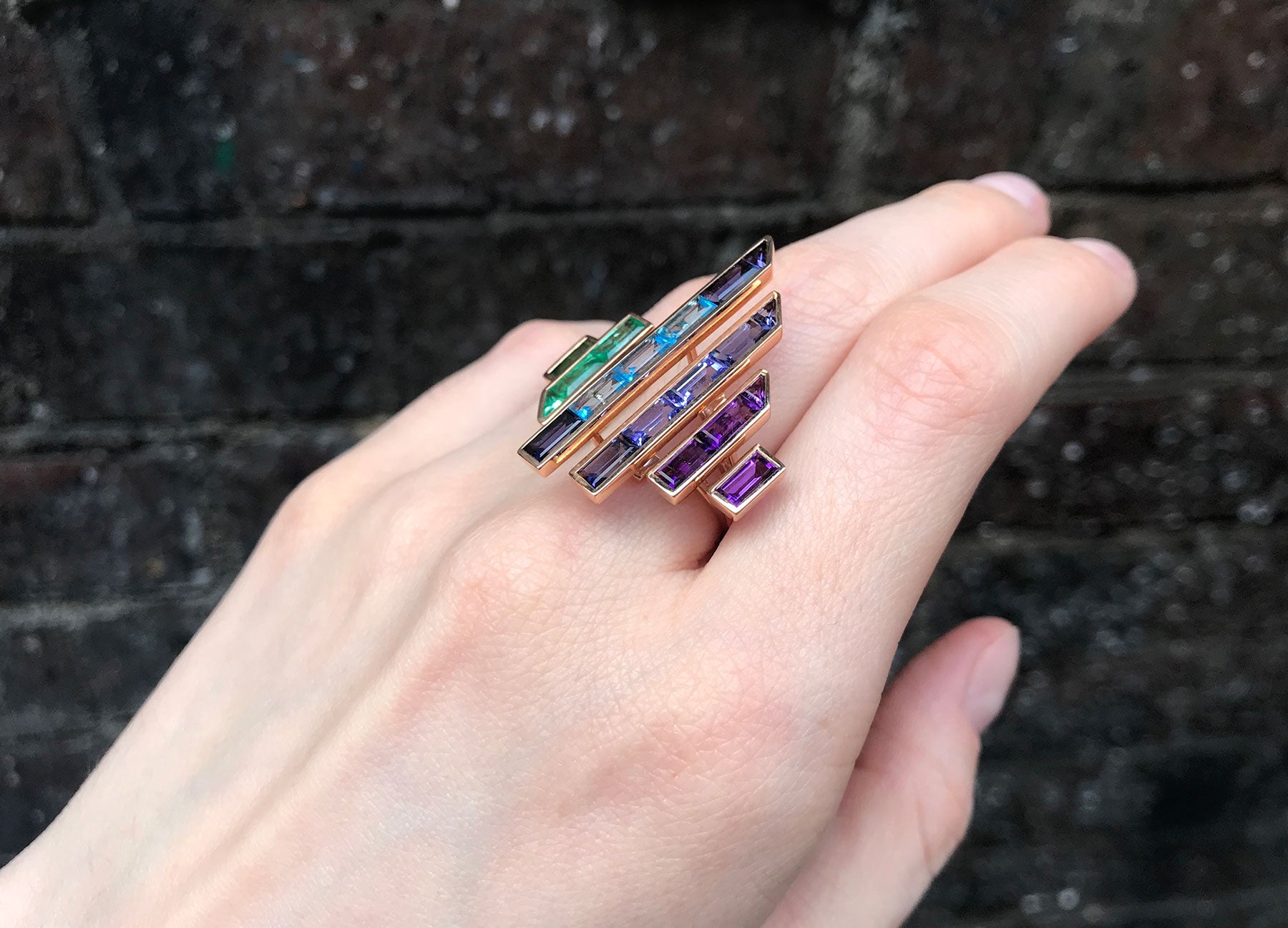 Blade runner rainbow ring in 18K rose gold by Tomasz Donocik worn view 3