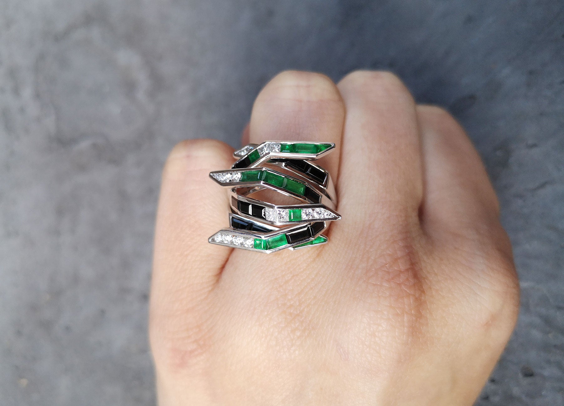 Emerald Diamond and Black Spinel Bombay Ring by Tomasz Donocik worn view 2