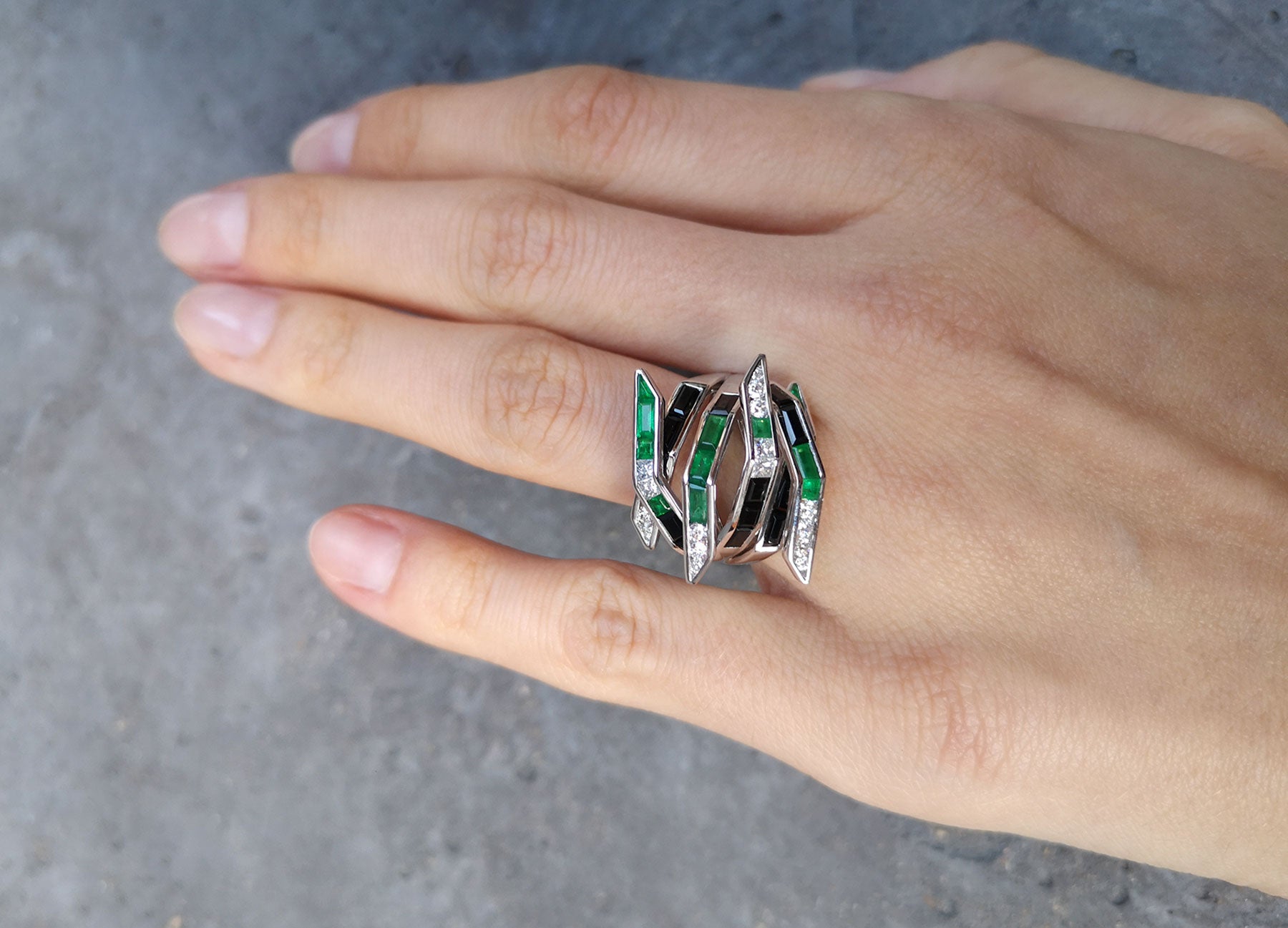 Emerald Diamond and Black Spinel Bombay Ring by Tomasz Donocik worn view 1