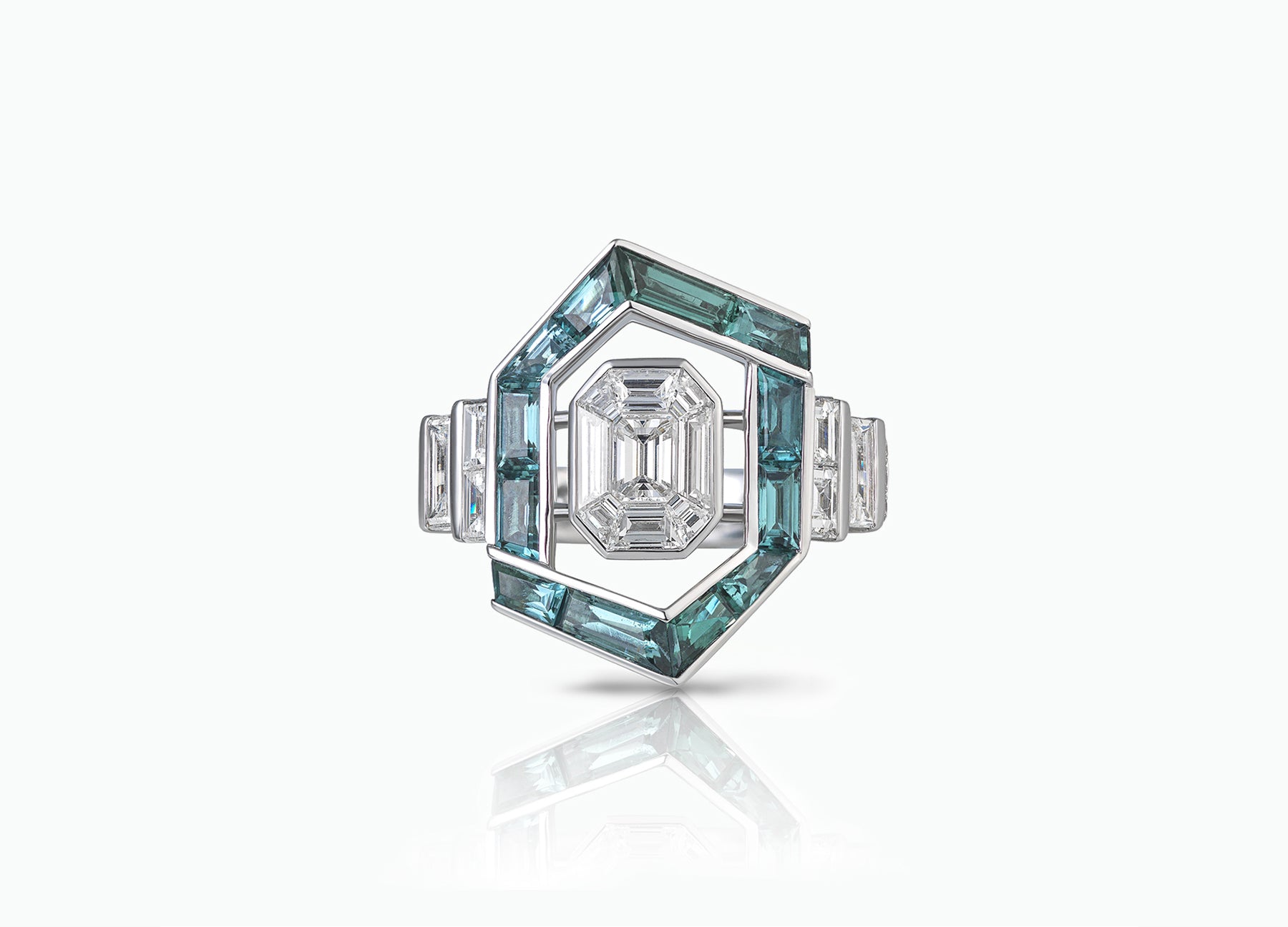 Elegant invisible set diamond and tourmaline engagement ring, combining sparkling diamonds with vibrant tourmaline for a distinctive bridal look