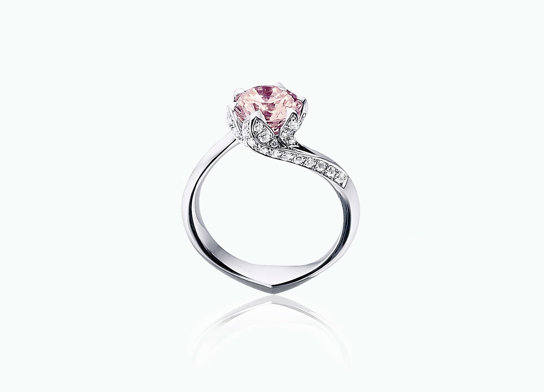 Lily Pad White Gold Unique Engagement Ring with White Diamonds and a Morganite Centre Stone