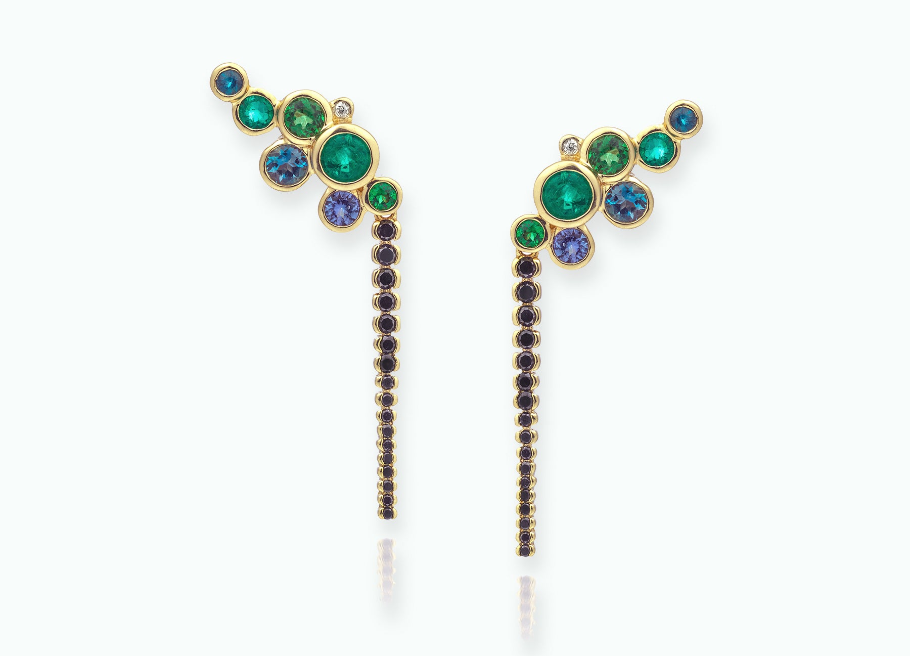 EMERALD BUBBLE EARRINGS WITH BLACK DIAMOND EXTENSION DROPS