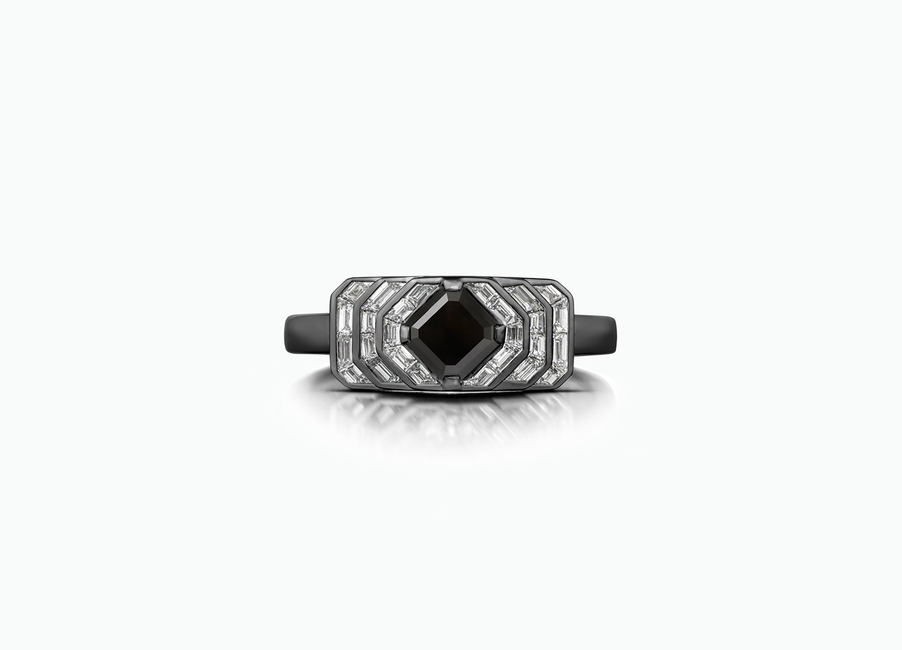 Speakeasy Diamond Engagement Ring featuring an AAA quality black diamond and baguette-cut white diamonds in 18K gold