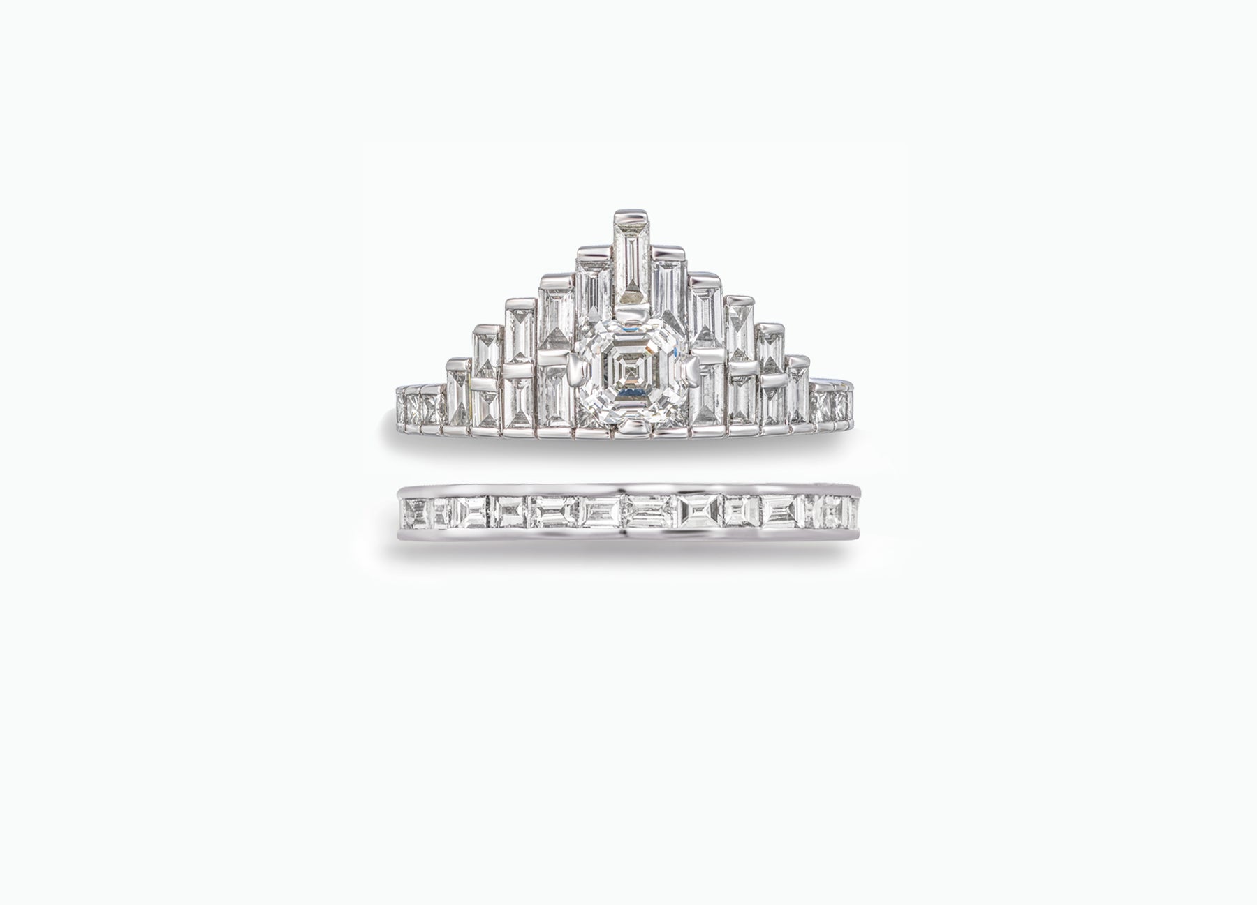 Bespoke Grand Tiara Asscher Diamond Bridal Ring Set featuring an 18K gold engagement ring and a matching eternity wedding band