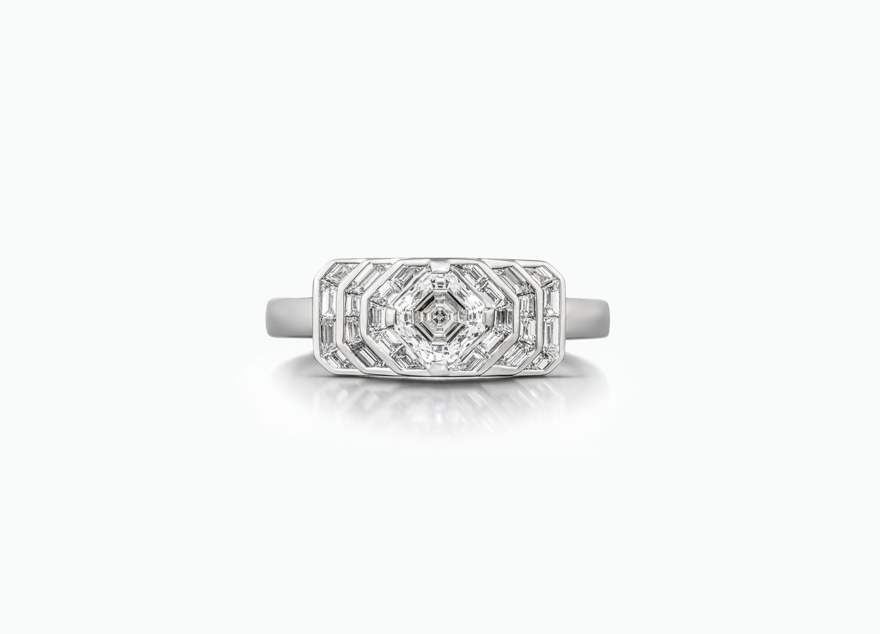 Palace Deco platinum diamond engagement ring with a 0.60ct Asscher-cut diamond and baguette diamonds for modern elegance