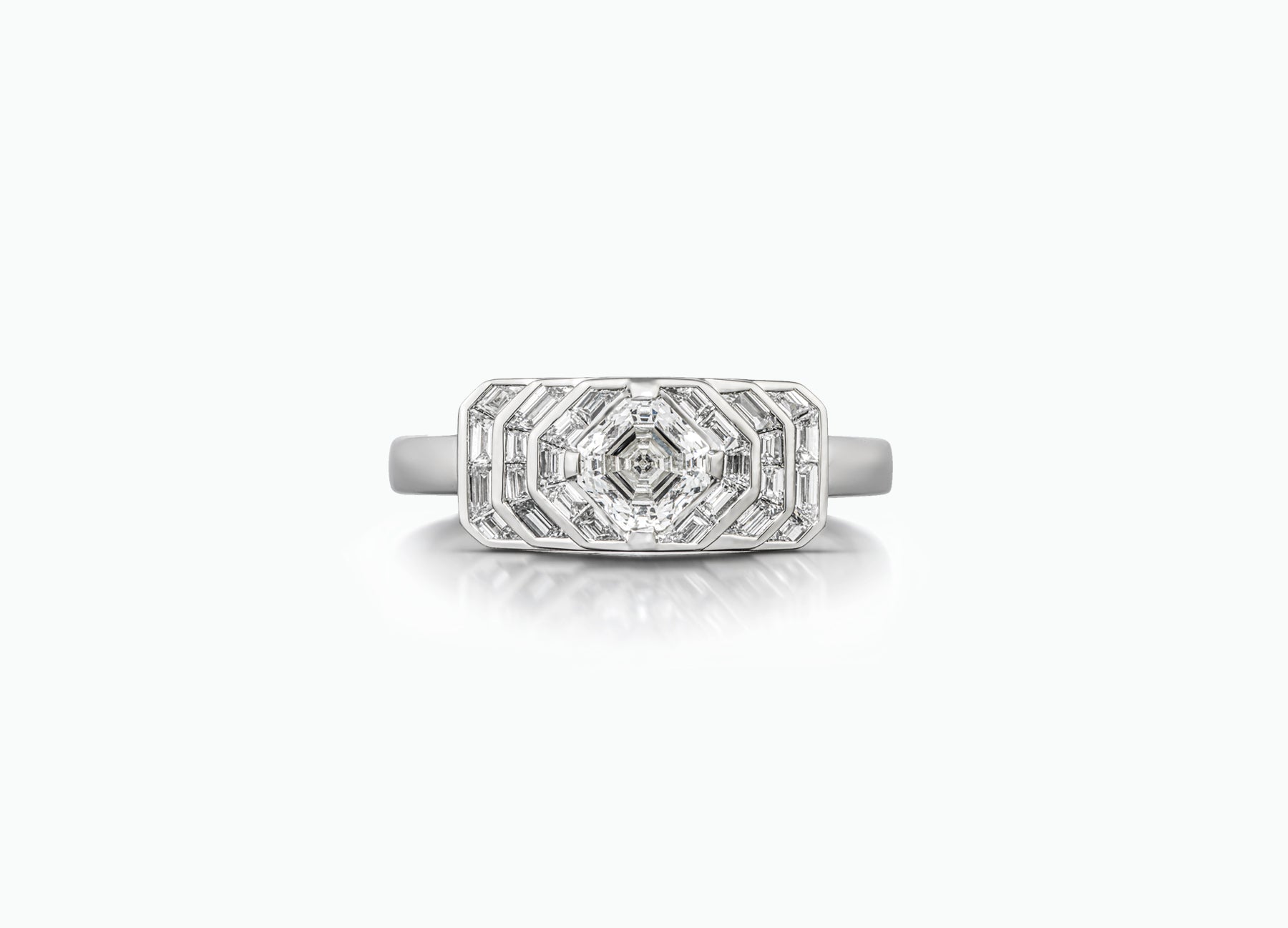 Palace Deco diamond engagement ring with an Asscher cut centre diamond by Tomasz Donocik Front View