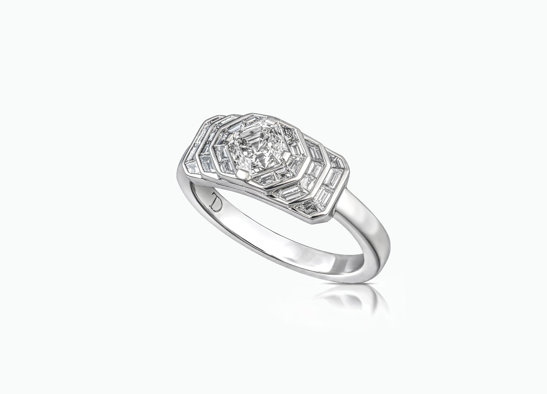 Elegant Palace Deco platinum engagement ring featuring an Asscher-cut diamond and baguette diamonds for a timeless look
