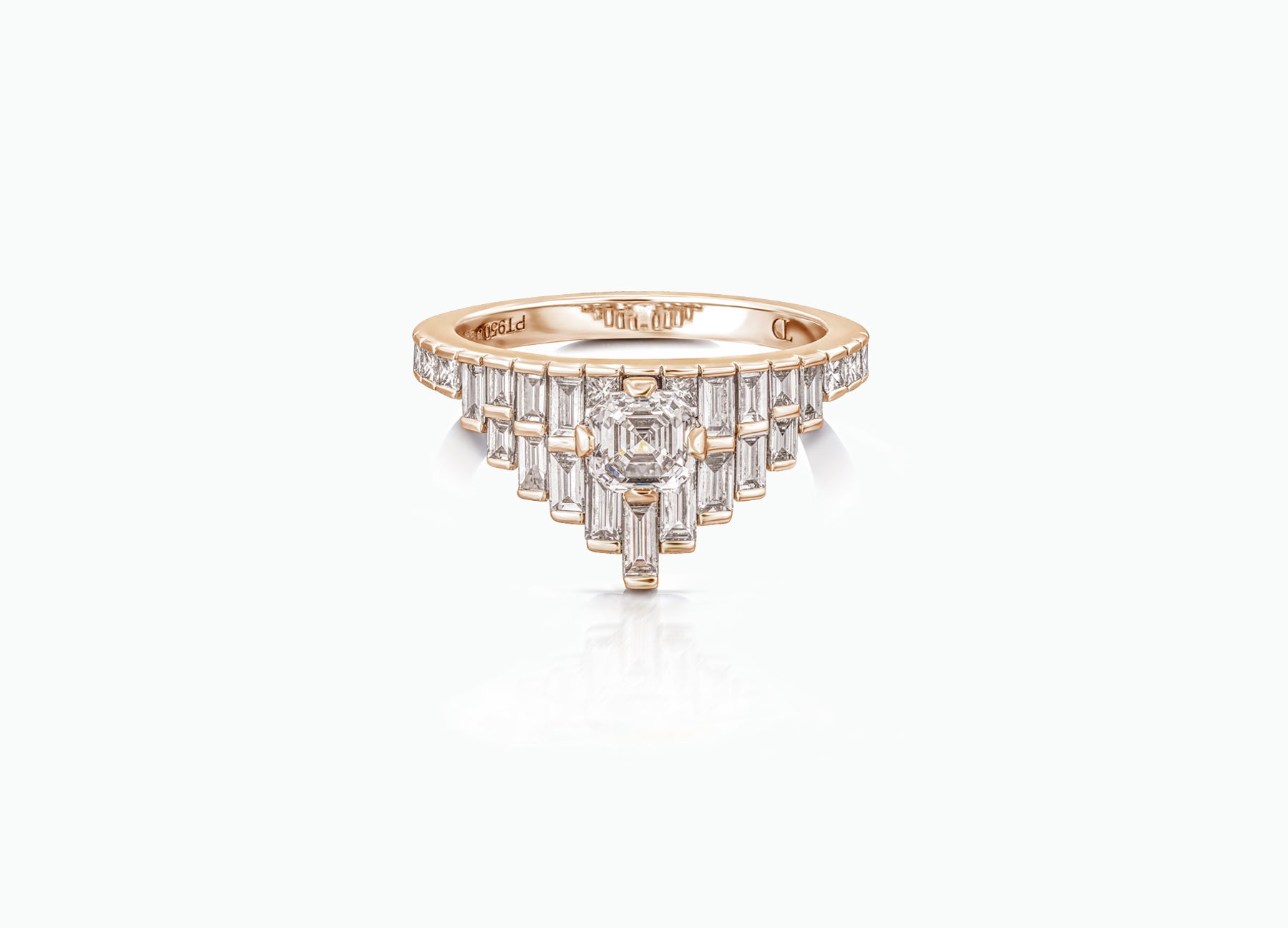 Grand Tiara gold diamond engagement ring featuring a stunning 0.60ct Asscher-cut diamond and baguette diamonds in a bespoke design