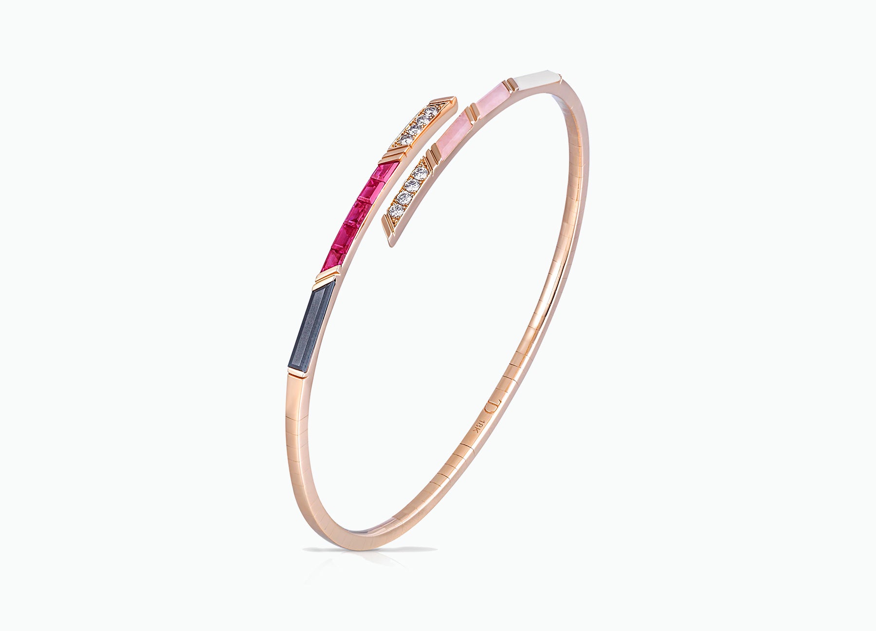 Ruby diamond and pink opal bangle in 18K rose gold by Tomasz Donocik Side View