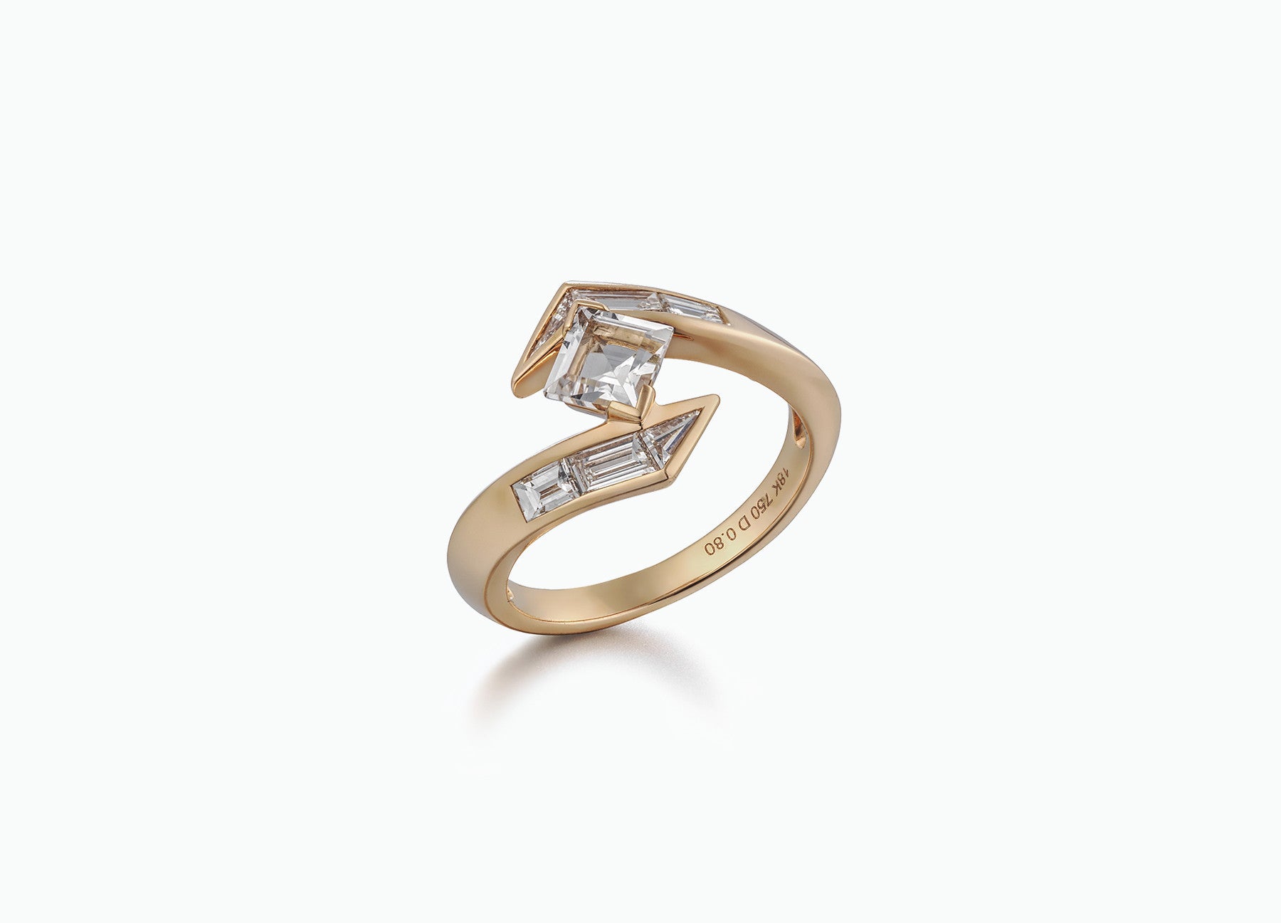 Elegant Stellar engagement ring featuring a square-cut GIA certified diamond set in 18K rose gold with baguette-cut white diamonds