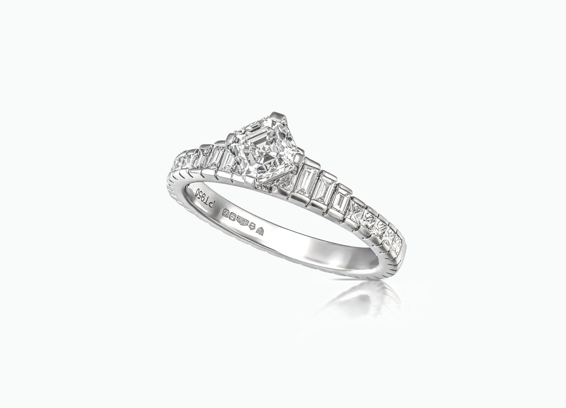 Tiara platinum diamond engagement ring with baguette and princess-cut diamonds, perfect for engagements and weddings