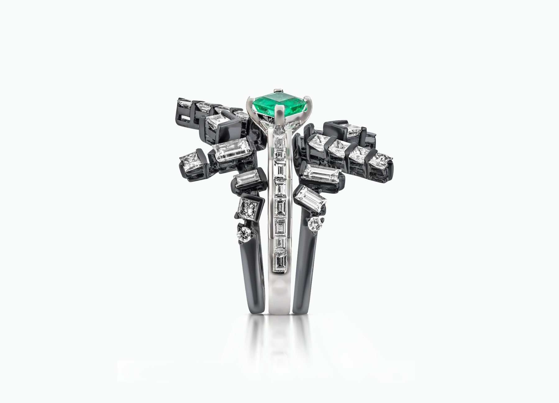 Cosmic Art Ring alternative bridal set by Tomasz Donocik a set of three rings with diamonds and an emerald centre stone Profile view