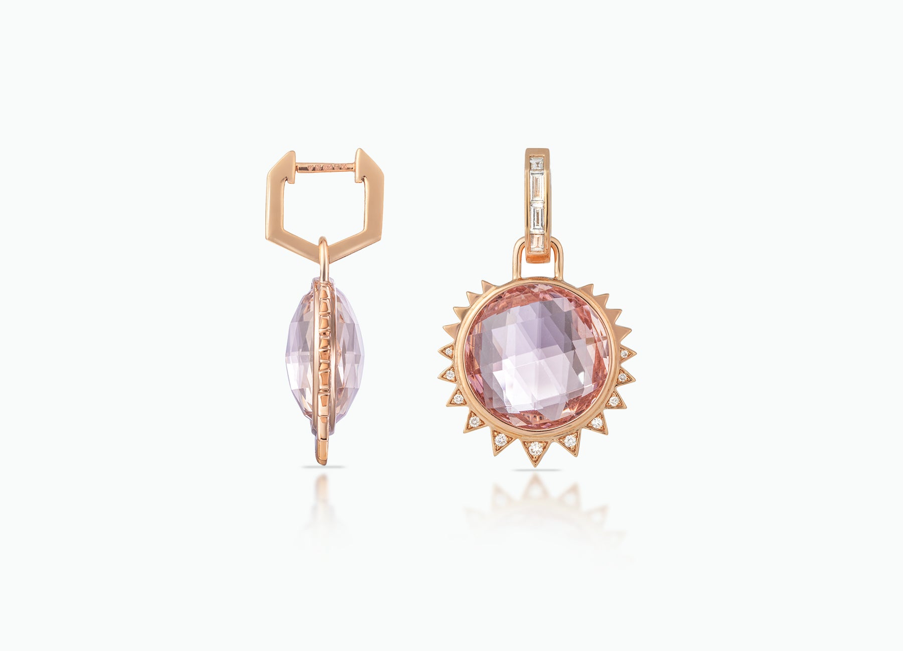 Huggie earrings with detachable Morganite Star Extensions. Made from rose, yellow or white 18k Gold with central pink Morganite and round white Diamonds.