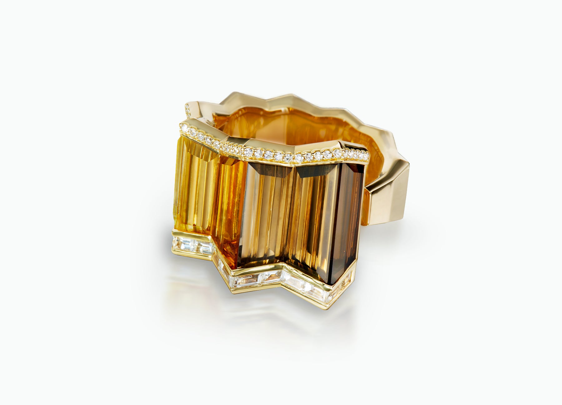 Kaleidoscope Pleat Ring crafted in 18k yellow Gold and set with smoky Quartz, Citrine, yellow Topaz, clear Crystal, white Sapphires and white Diamonds.